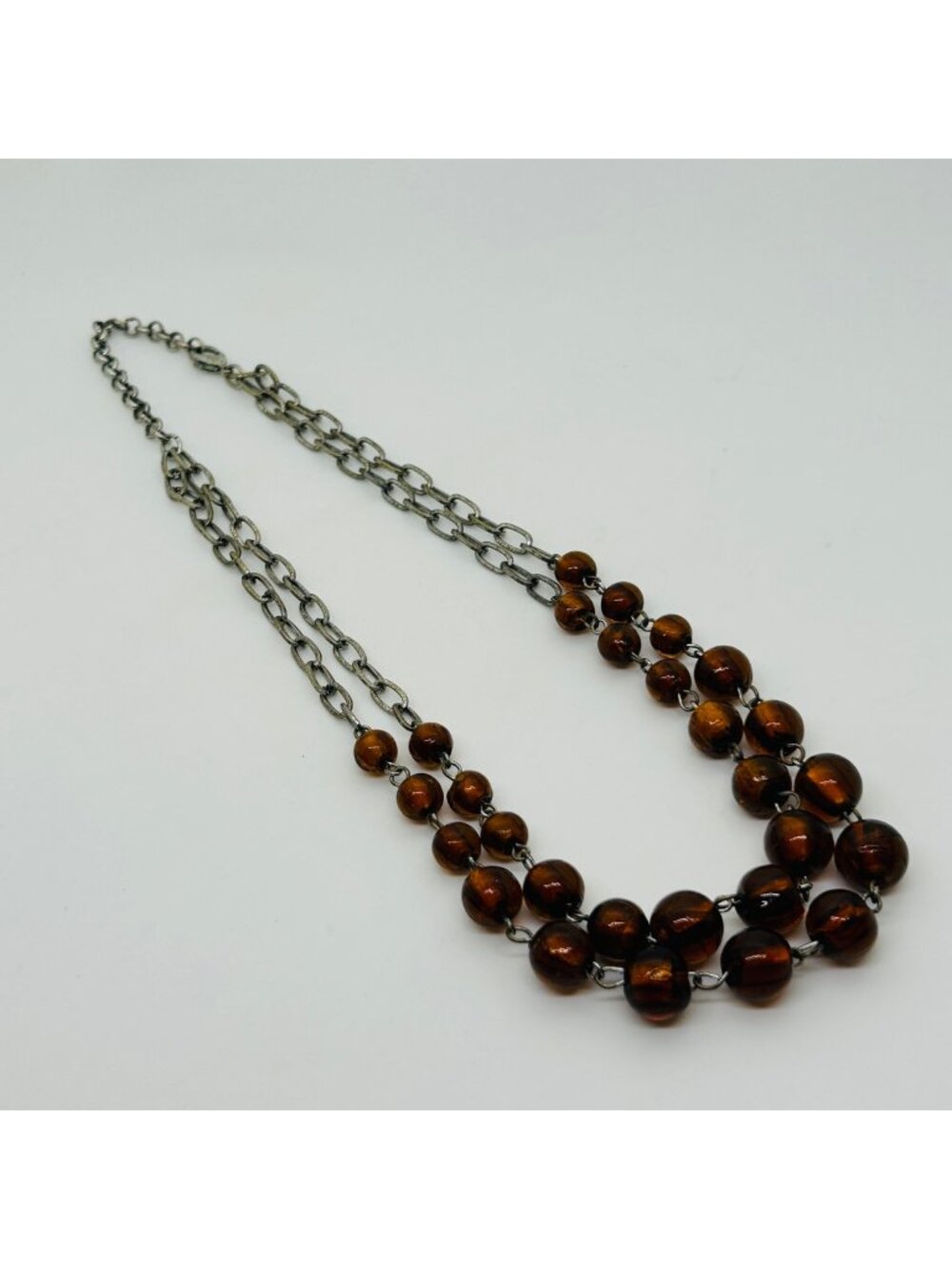 Double Strand Glass Bead Necklace With Brown Round Beads & Silver-Tone Chain Vin